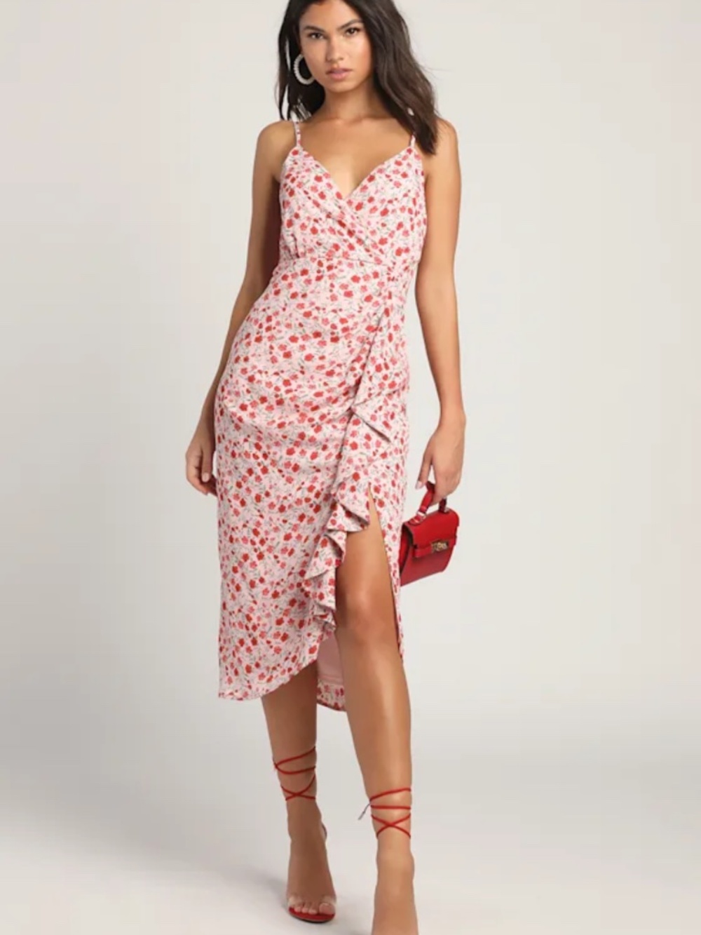 Pink Midi with Red Floral Flowers Dress